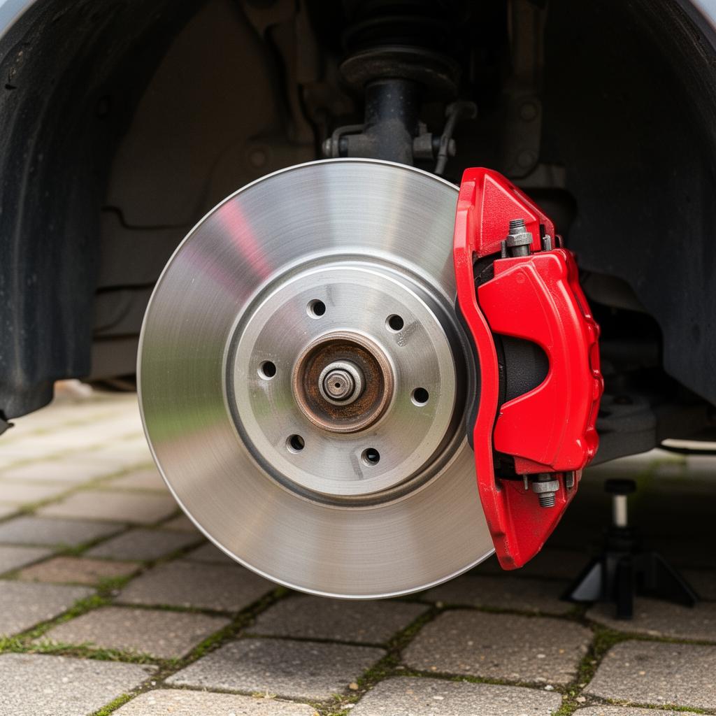 Close-up of brake disc and caliper replacement on a driveway job