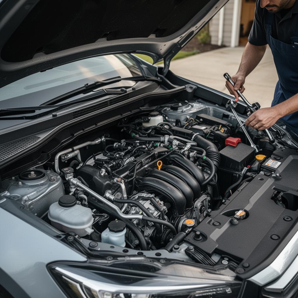 Mehdi working on an open engine bay during a driveway service