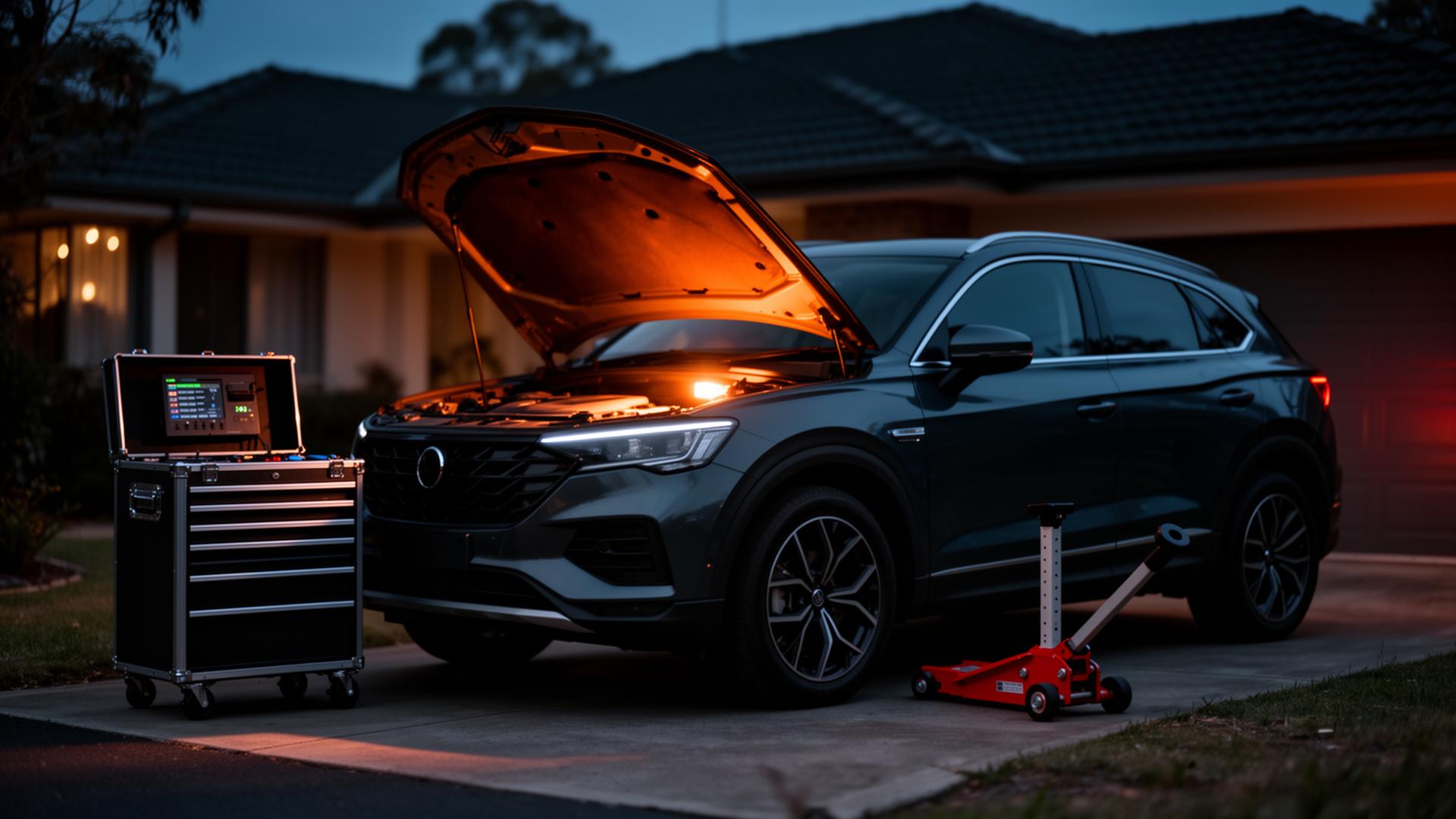Car parked in a Western Sydney driveway at dusk with mechanic's tool case — M&H Mobile Mechanic on-site service