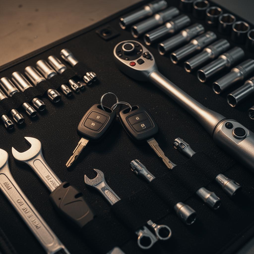 Car keys and workshop-grade tools laid out on a service mat