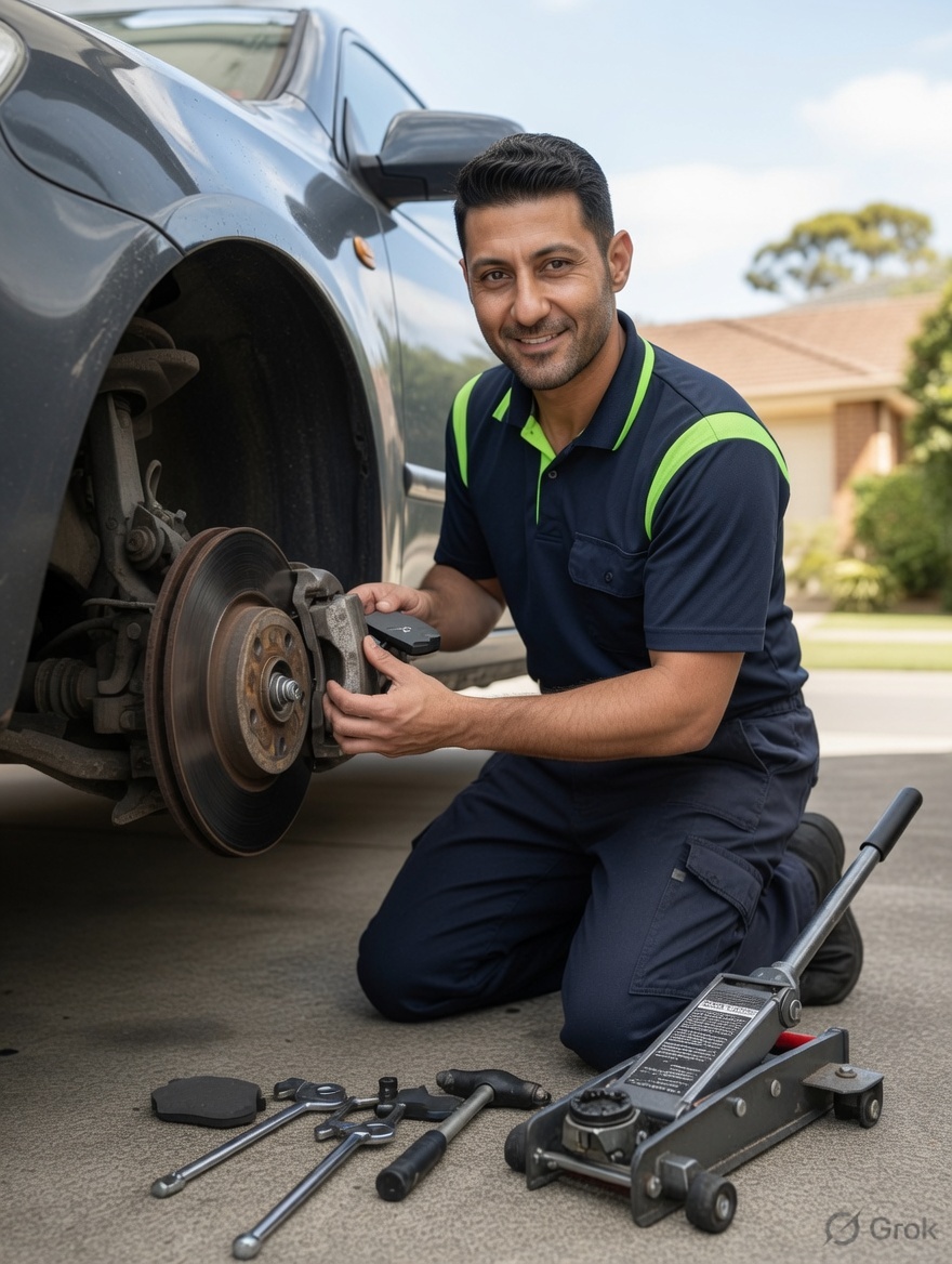 Mobile mechanic replacing brake pads and inspecting a rotor in a Seven Hills driveway