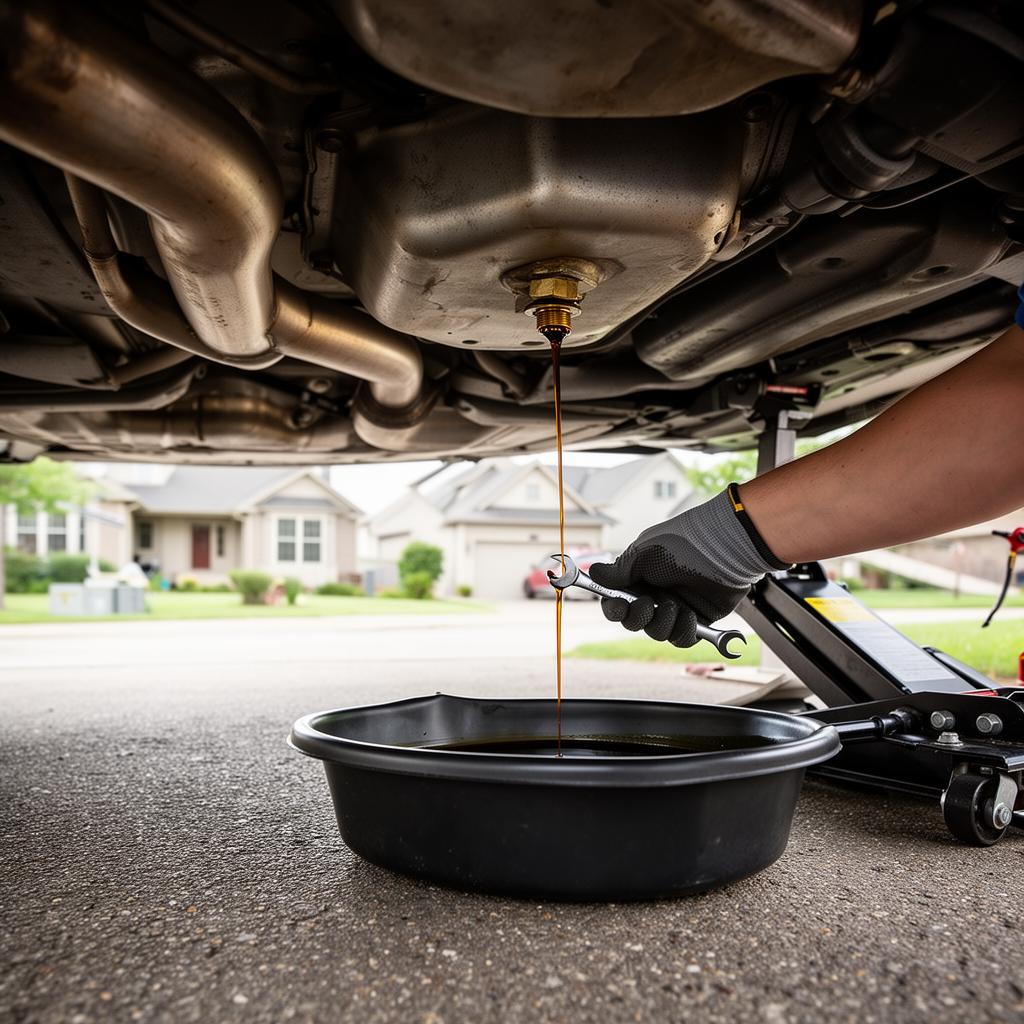 Underbody view of a vehicle during a mobile oil change in a Western Sydney driveway